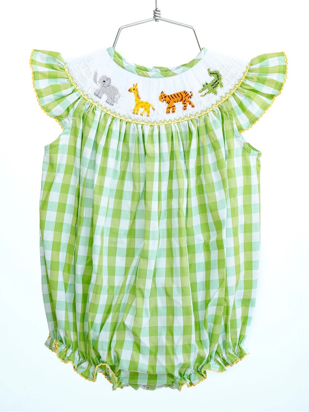 Baby Girls Smocked Gingham Romper with Animal Embroidery Newborn